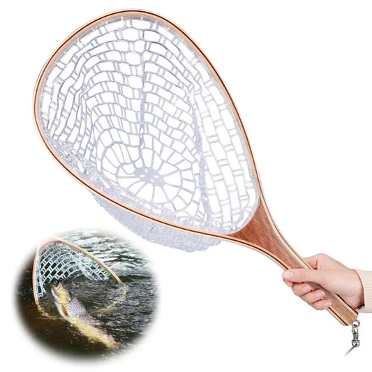 Landing Fish Net Fishing Hand Nets with Clear Rubber Mesh Netting Wooden Handle Fly Fishing Equipment for Catch and Release