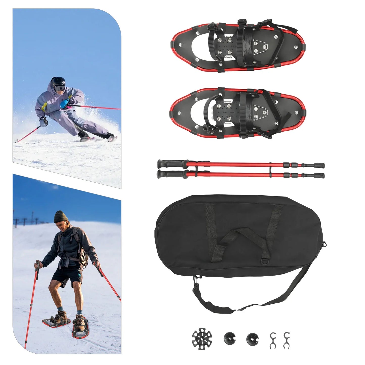 21 Inch Aluminum Snowshoes,Red Snowshoes& Adjuatable Trekking Poles Temperature Resistance -40°C for Men Women Youth 30-70kg