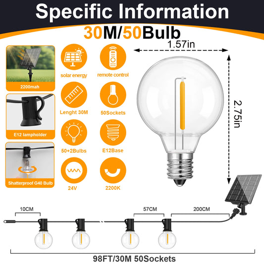 Led G40 Solar Globe Led String Lights Outdoor Waterproof Shatterproof Solar Hanging Lights for Backyard Bistro Decoration Light