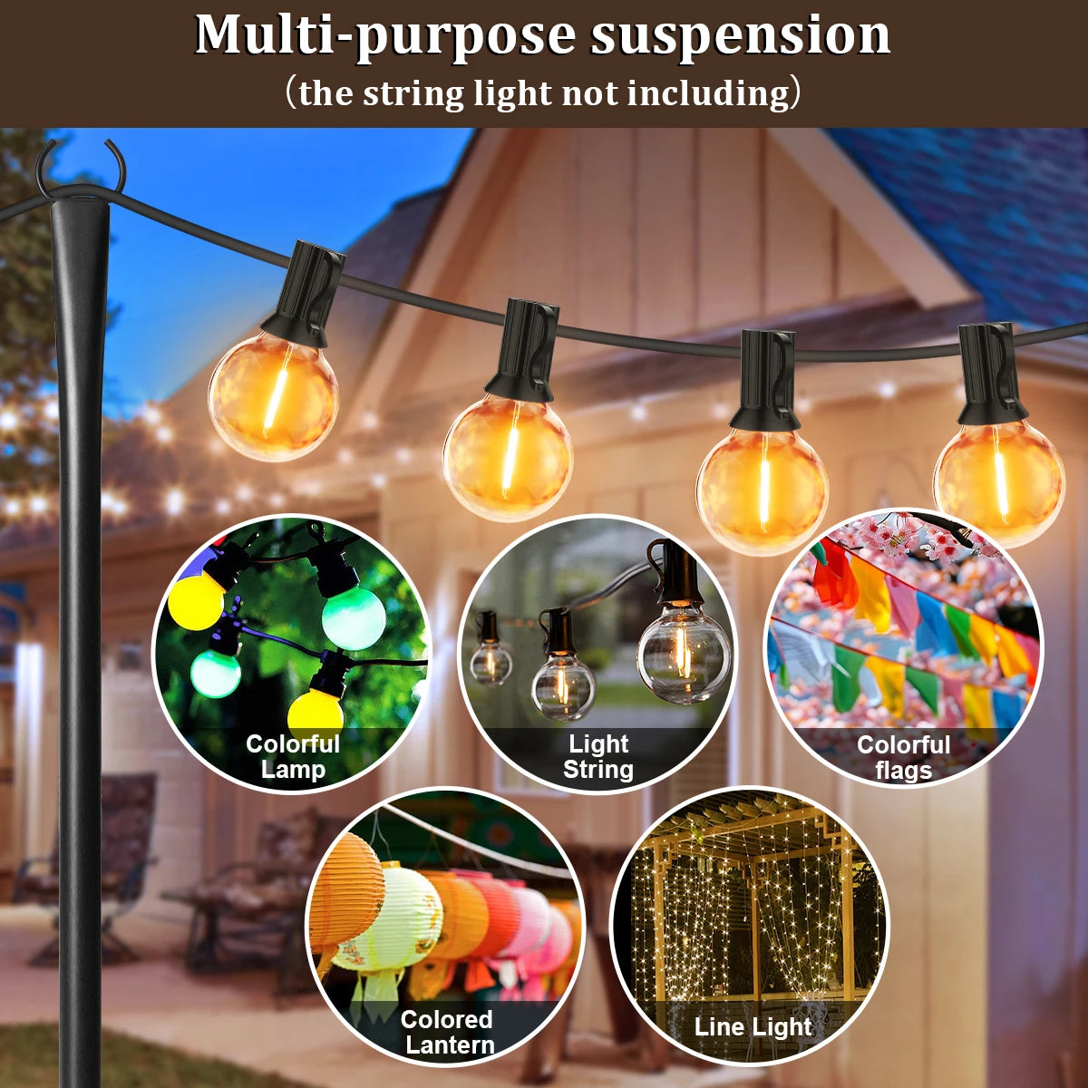 10Ft Metal String Light Poles with Fork, Waterproof Heavy-Duty Adjustable Hanging Lighting Stand for Patio Backyar Decor