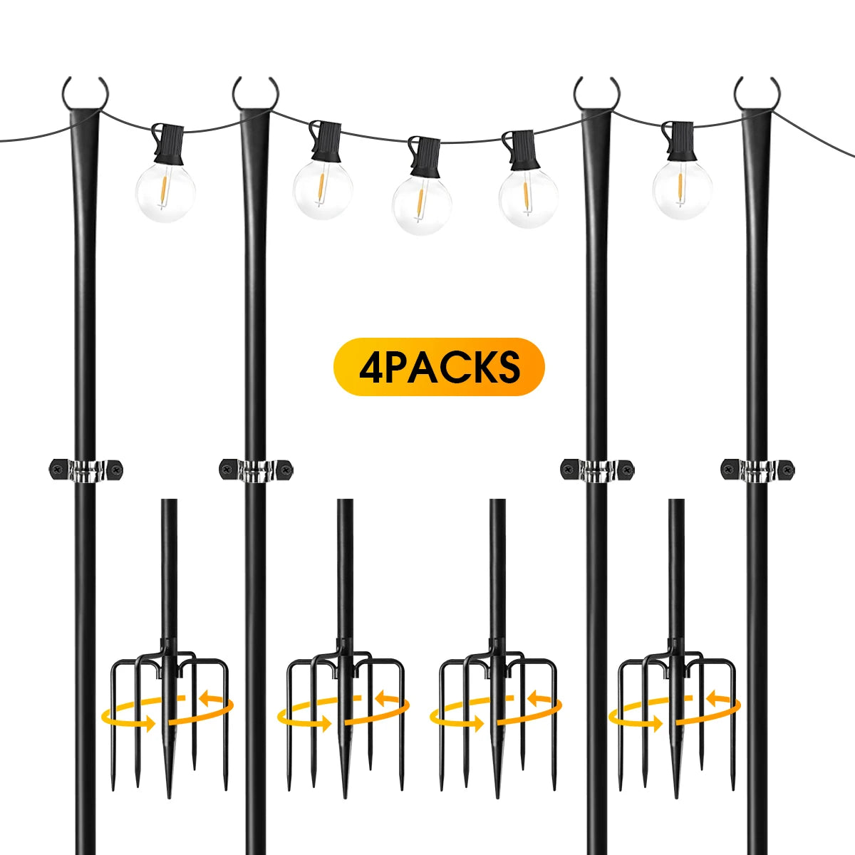 10Ft Metal String Light Poles with Fork, Waterproof Heavy-Duty Adjustable Hanging Lighting Stand for Patio Backyar Decor