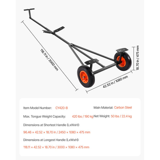 420lbs Boat Trailer Dolly Carbon Steel Kayak Mover with 15.7in Pneumatic Tires & Bracket for Moving Fishing Motorboat