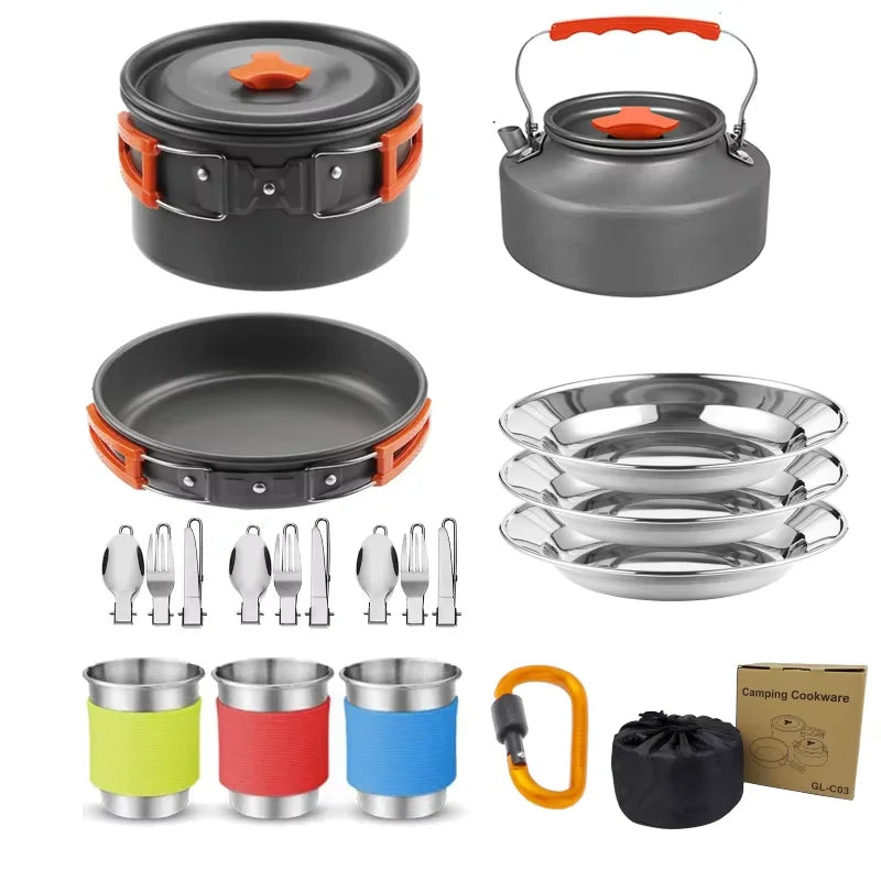 Outdoor Camping Cookware Set for 2-3 Persons Including Folding Pot Kettle with Tableware Portable Backpacking Stove Kit